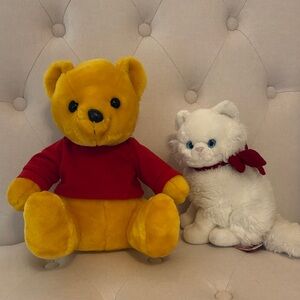 Vintage Plush Pooh Bear and White Kitty 12” and 9”